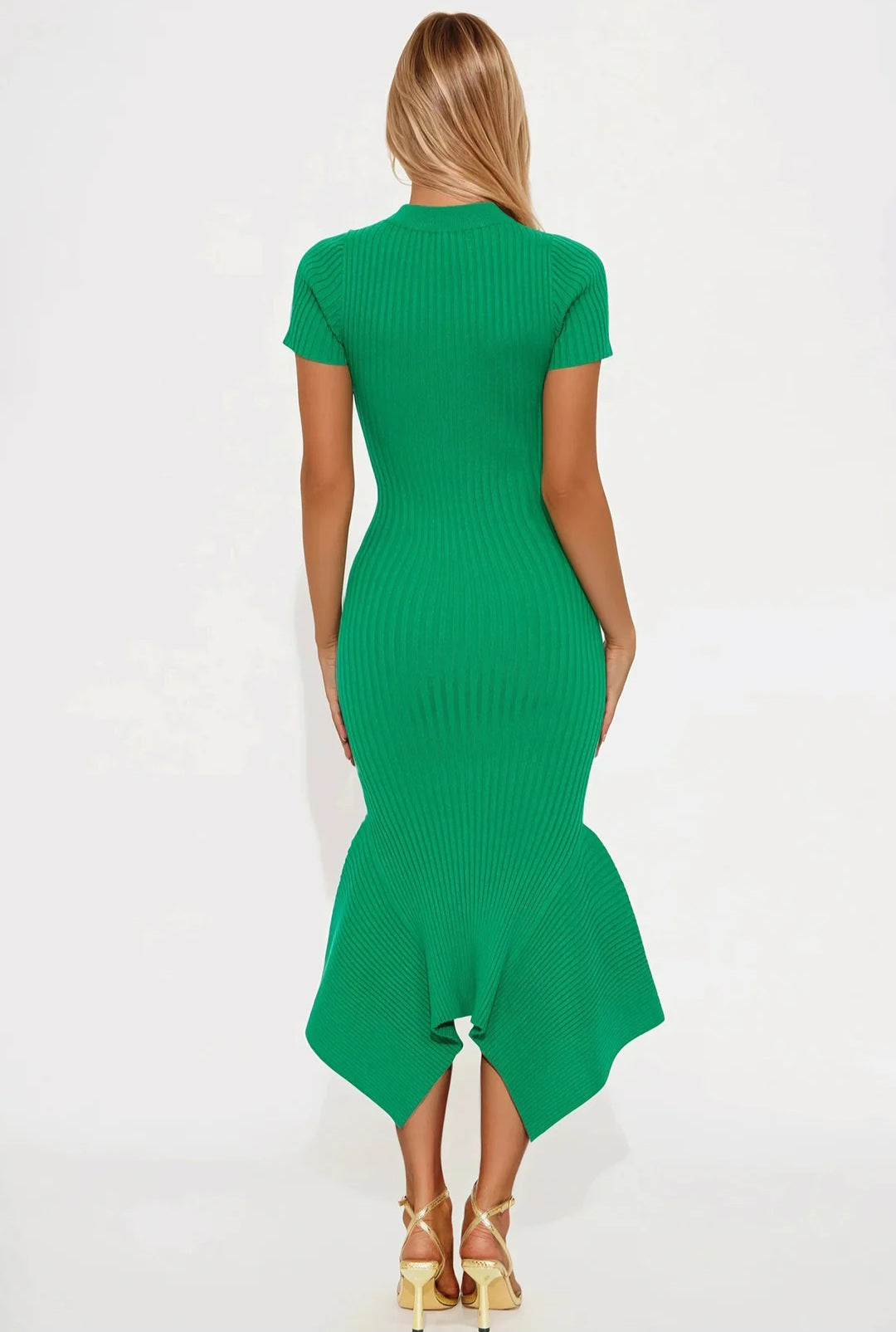 Glow Getter Ribbed Knit Flare Hem Midi Dress - Green