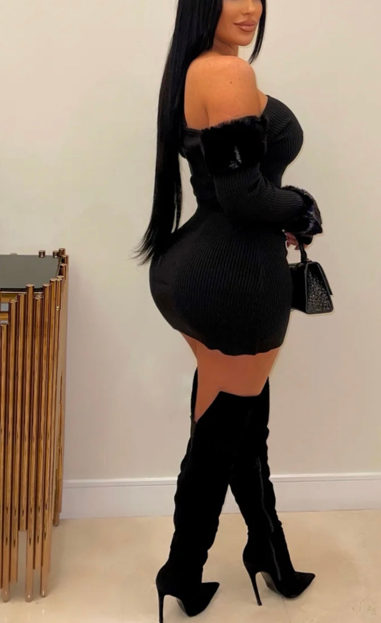 Fur Real Off-Shoulder Knit Mini Dress - Black