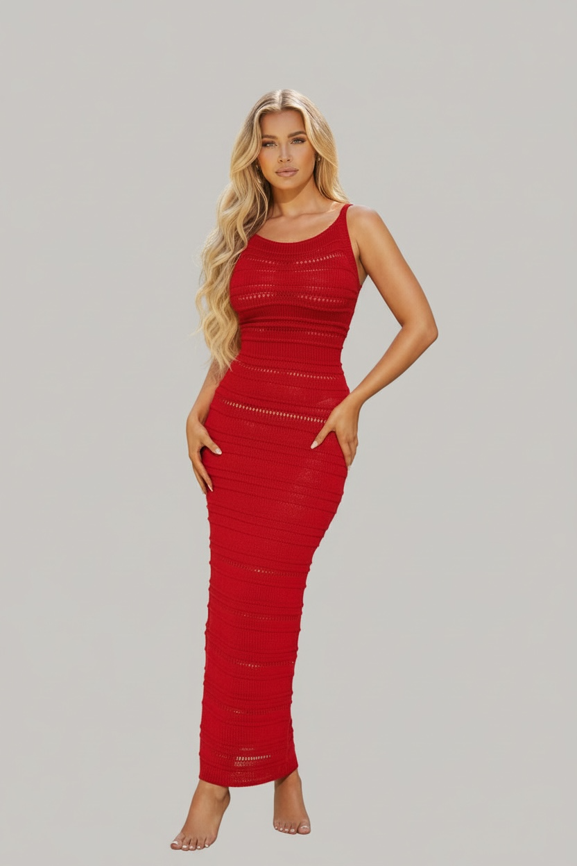 Cozy Curves High Neck Sweater Maxi Dress - Red