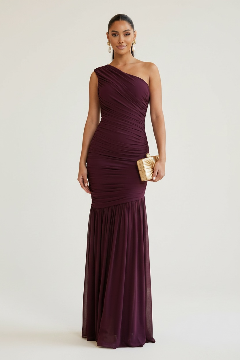 Forbidden Fruit Ruched Mesh One-Shoulder Asymmetrical Maxi Dress - Black Cherry
