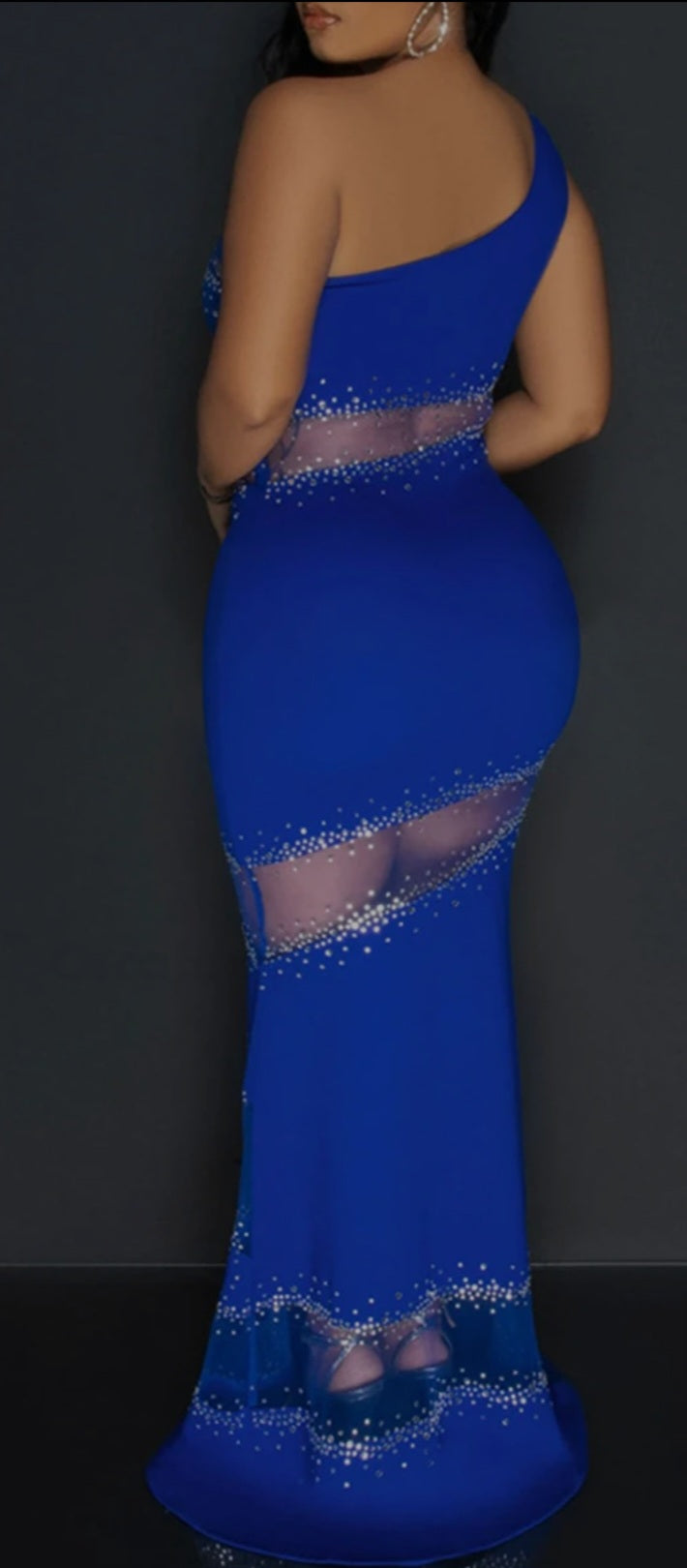 Blinged to Perfection Sheer Rhinestones One Shoulder Maxi Dress - Navy Blue