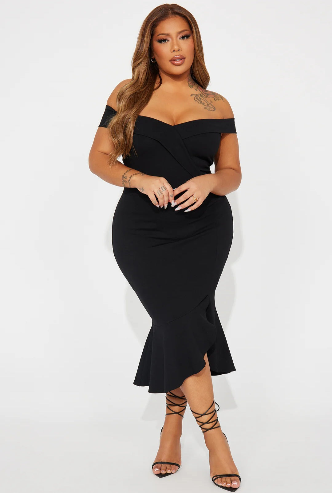 She Means Business Off Shoulder Midi Dress - Black
