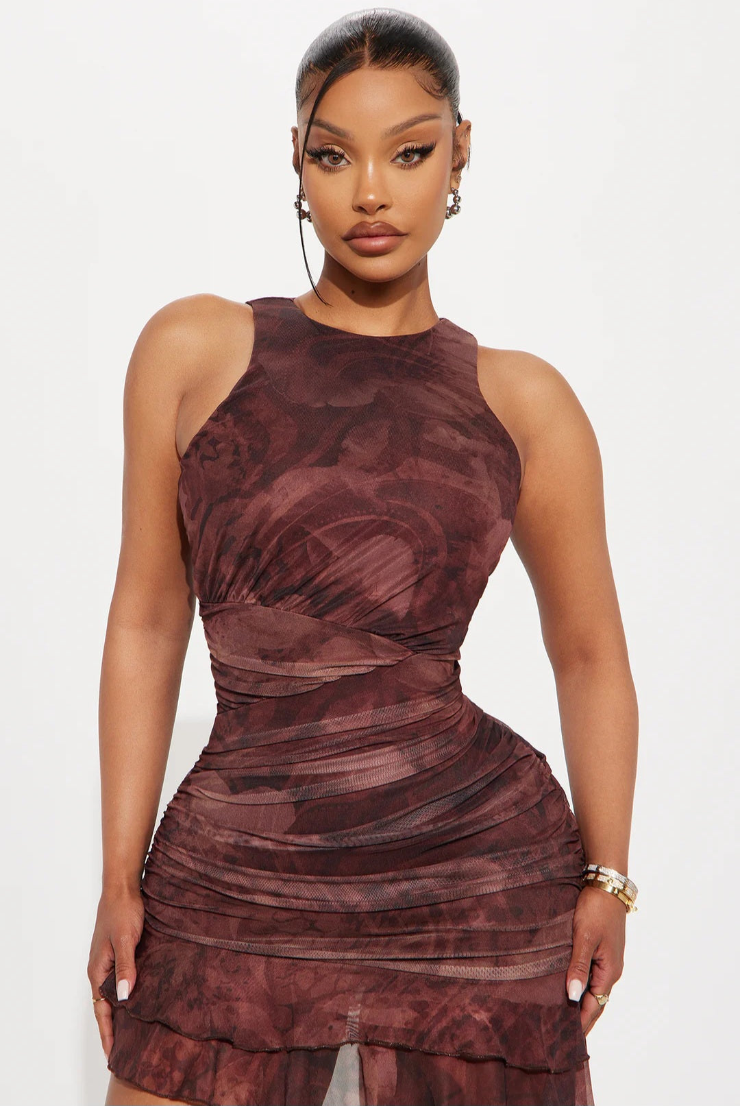 Ruffle & Reckless Mesh Mini Dress - Brown/Combo