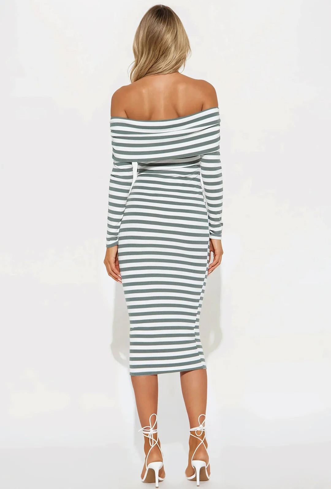 Sailor Chic Off Shoulder Striped Midi Dress - Green/Combo