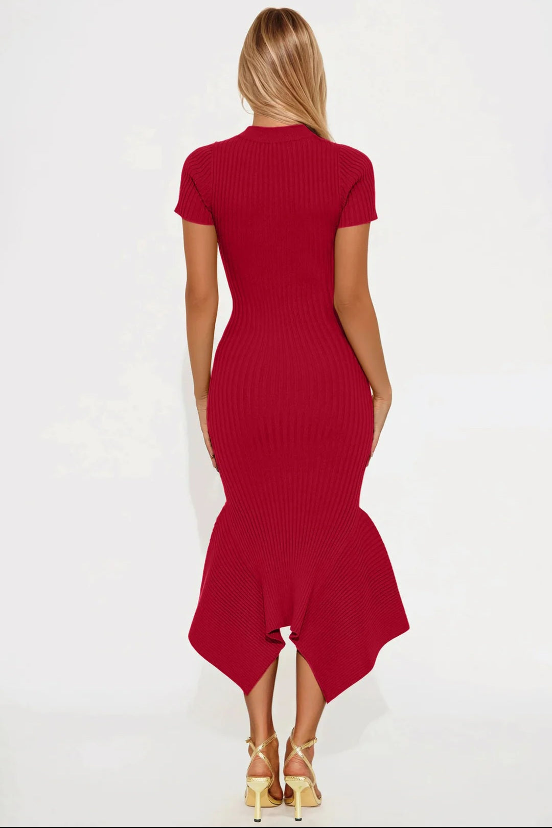 Glow Getter Ribbed Knit Flare Hem Midi Dress - Red