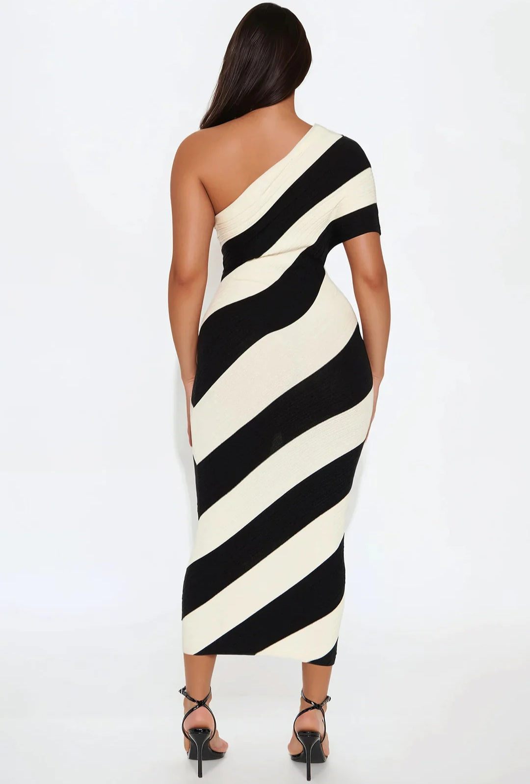 Curve Command One Shoulder Striped Sweater Midi Dress - Cream/Combo