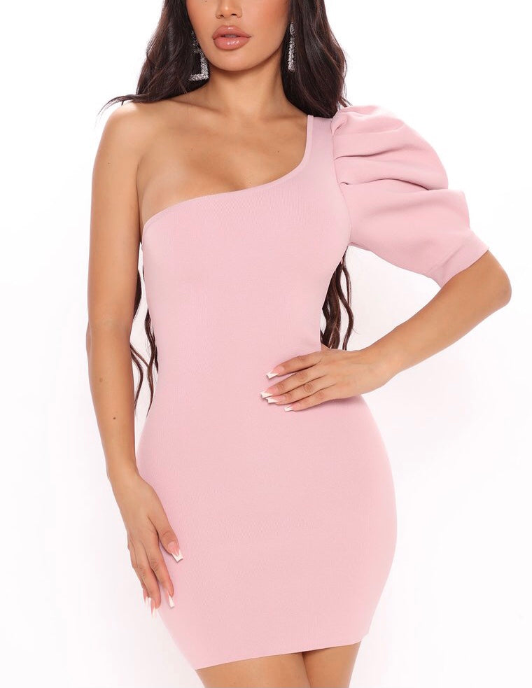Puff Me Pretty One Shoulder Dress - Pink