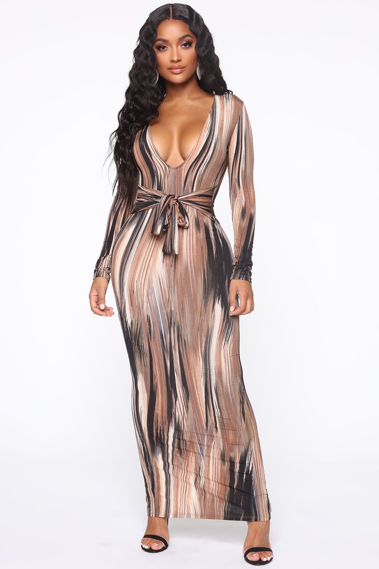 Dripping in Mocha Bodycon Maxi Luxe Dress - Brown/Combo