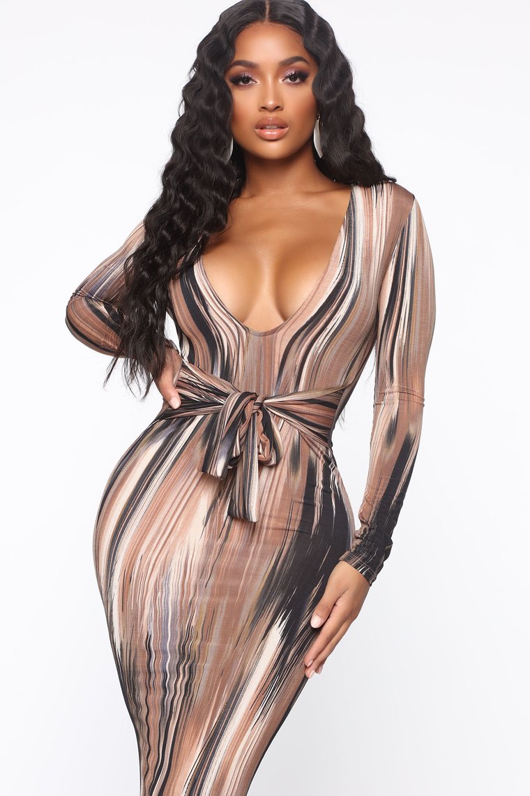 Dripping in Mocha Bodycon Maxi Luxe Dress - Brown/Combo