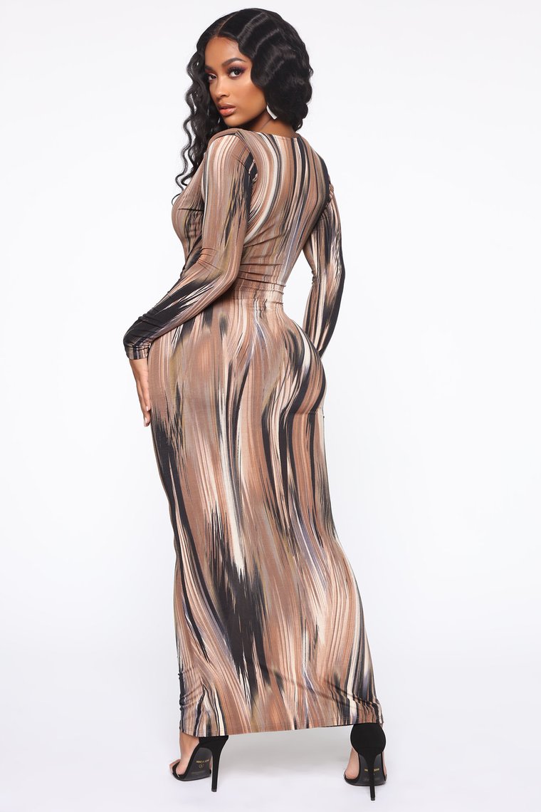 Dripping in Mocha Bodycon Maxi Luxe Dress - Brown/Combo