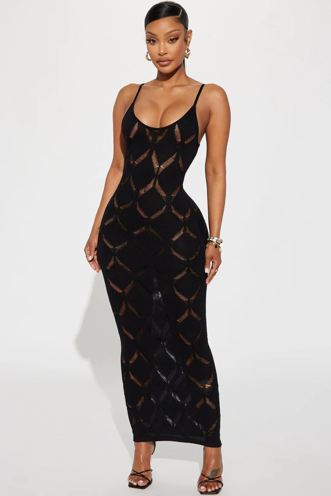 Sculpted in Shadows Sheer Knit Maxi Dress - Black