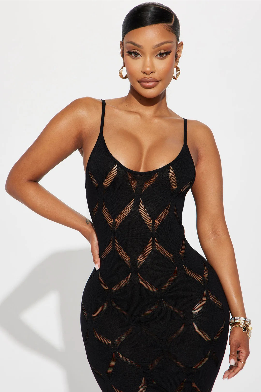 Sculpted in Shadows Sheer Knit Maxi Dress - Black