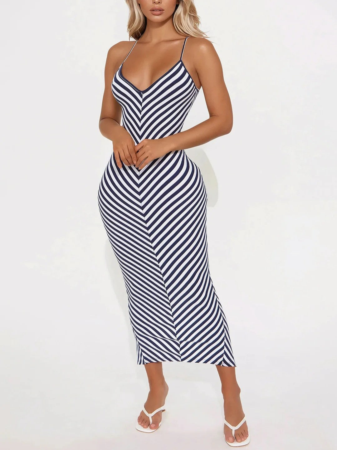 Nautical But Nice Striped Ribbed Midi Dress - Navy/Combo