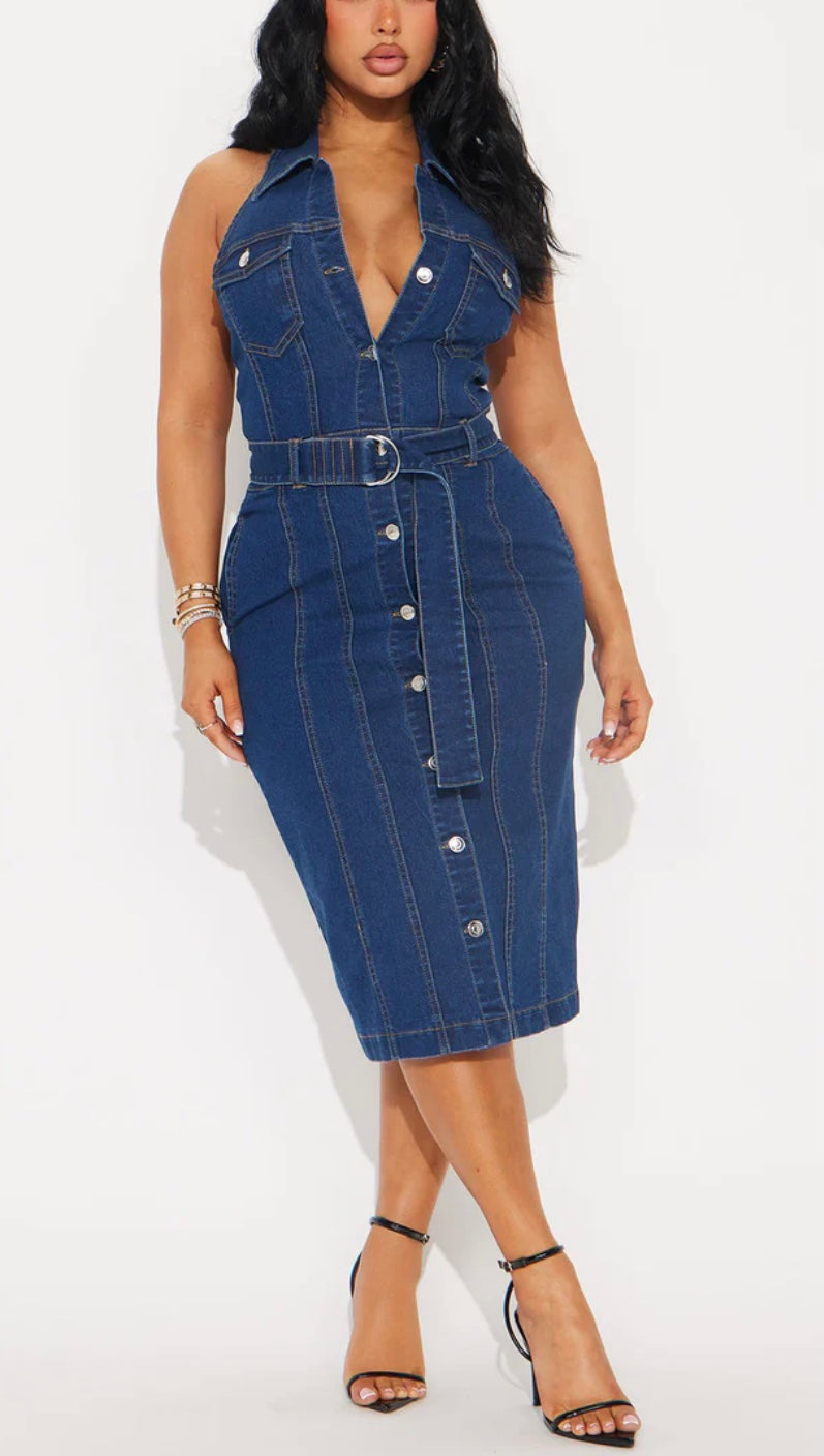 Denim Dreams Halter Midi Dress - Dark Wash