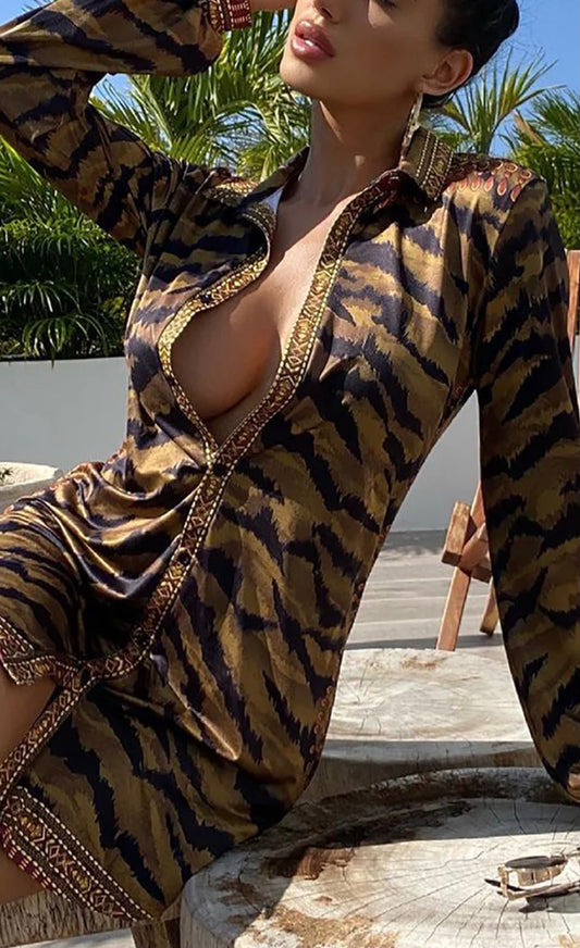 Untamed Glam Tiger Print Shirt Dress - Olive/Combo