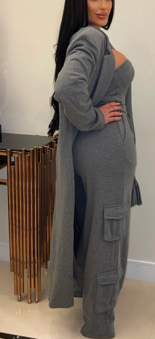 Chic In The Streets Jumpsuit Trench Coat Set - Gray