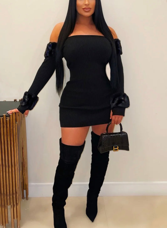 Fur Real Off-Shoulder Knit Mini Dress - Black