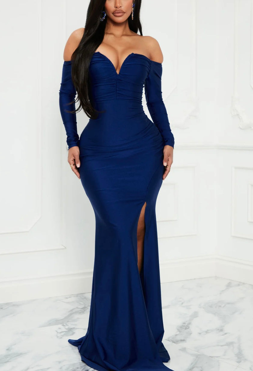 Enchant Me Off Shoulder Elegant Long Maxi Dress - Navy Blue
