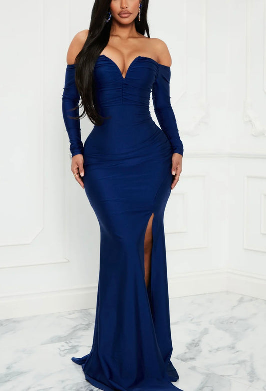 Enchant Me Off Shoulder Elegant Long Maxi Dress - Navy Blue