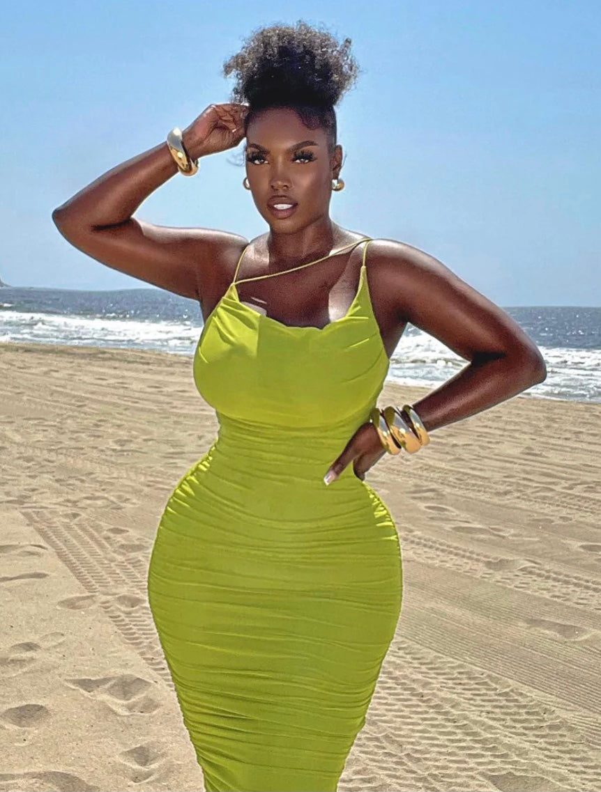 "Lime Light Stealer" Ruched Bodycon Mesh Midi Dress - Chartreuse