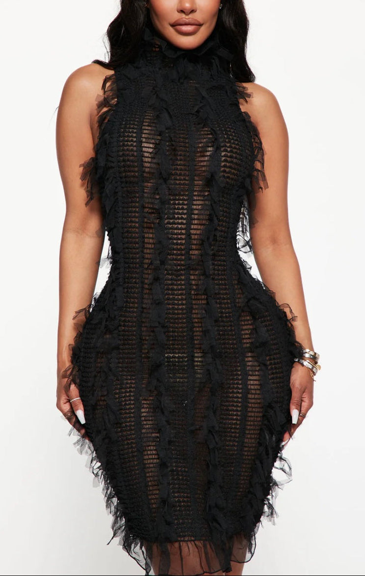 Fierce in Fringe Mesh Mini Dress - Black