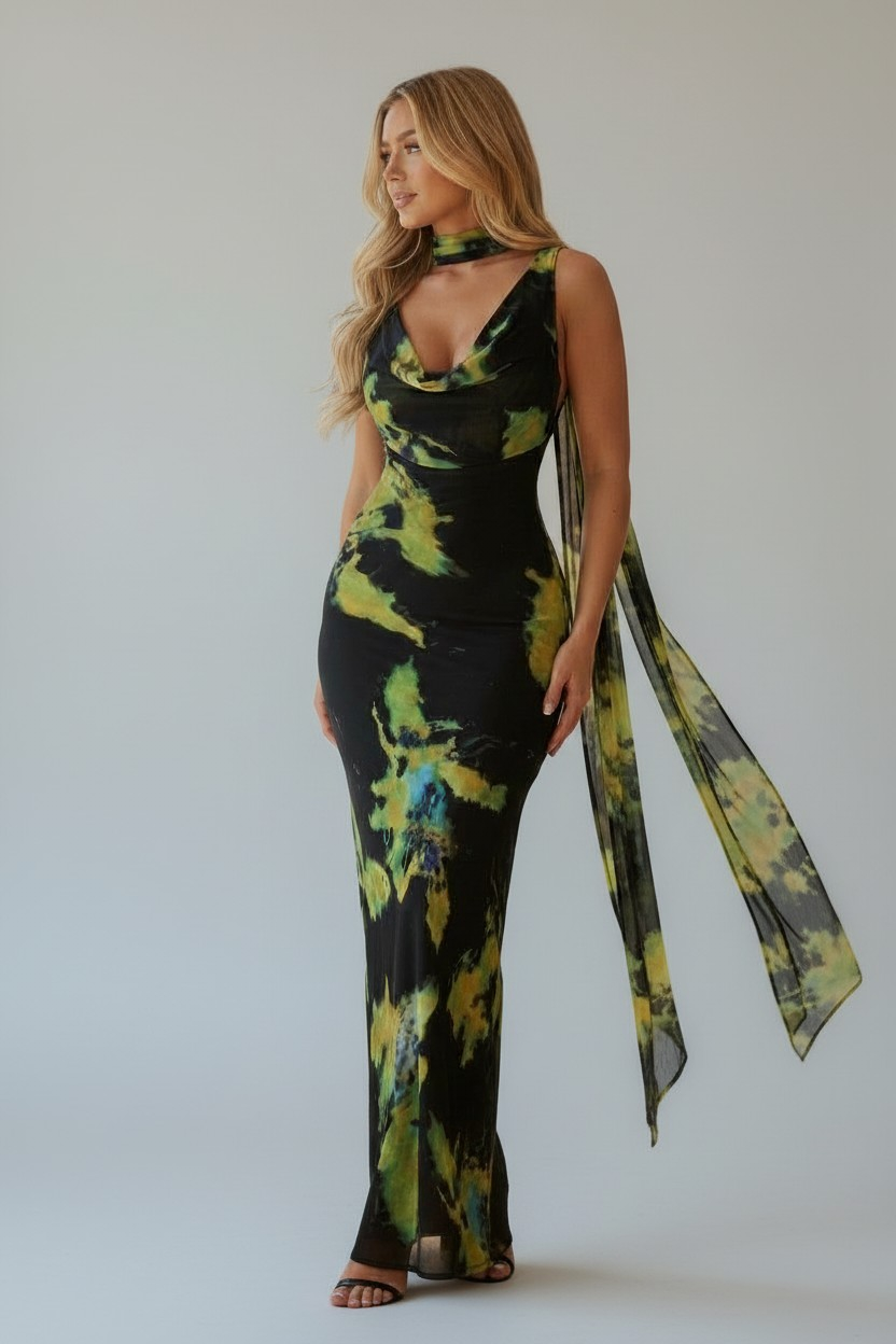 Painted Desire Chiffon Abstract Maxi Dress - Black/Green