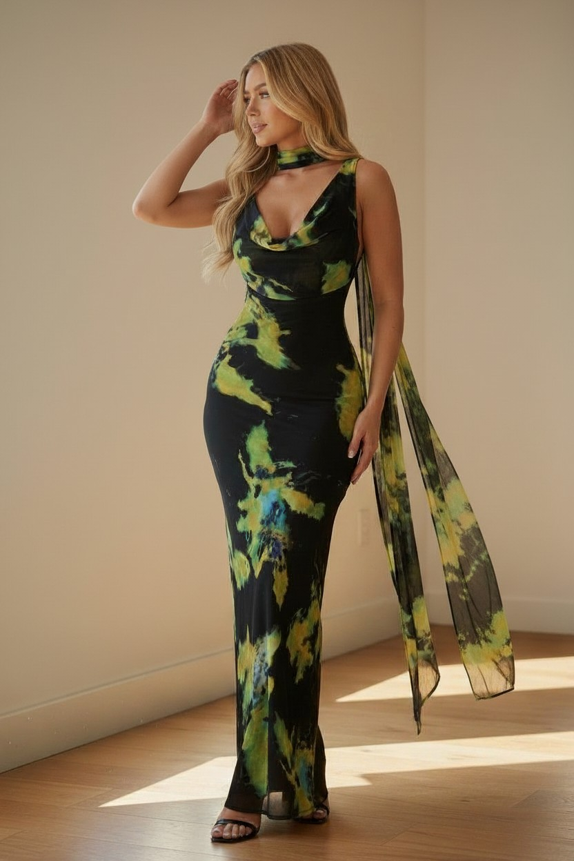 Painted Desire Chiffon Abstract Maxi Dress - Black/Green