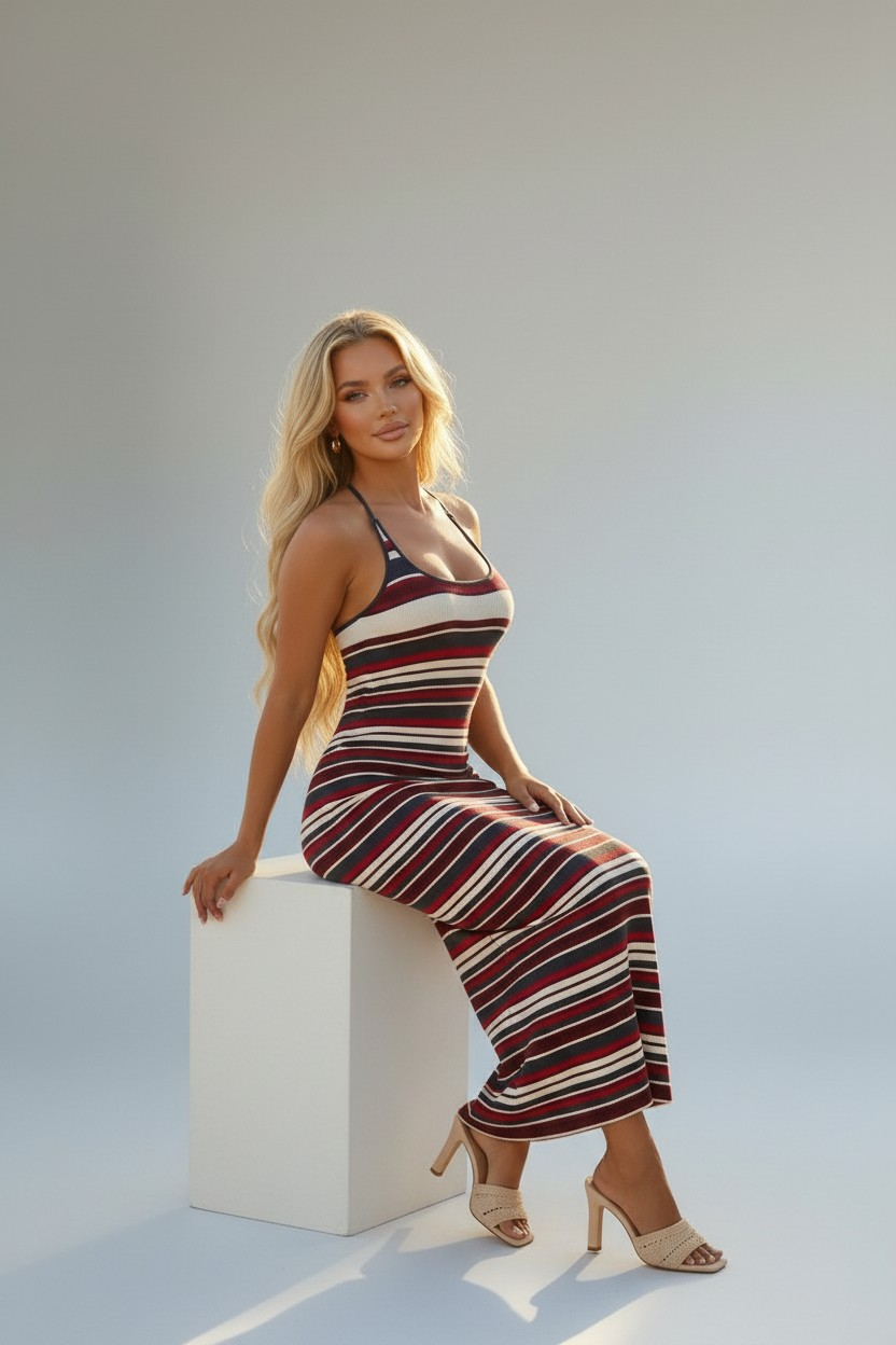 Riviera Heat Halter Striped Maxi Dress - Burgundy/Combo
