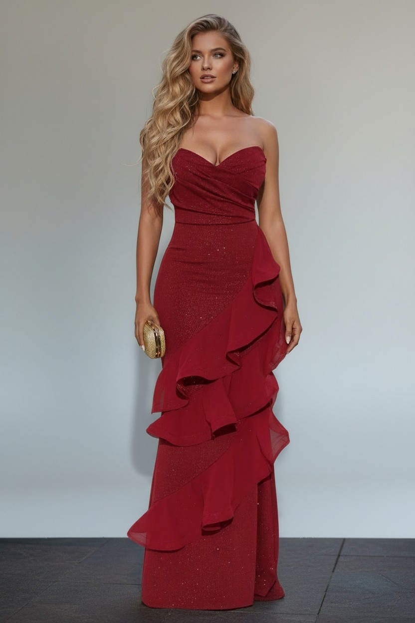 Red Carpet Rapture Glitter Maxi Gown - Wine