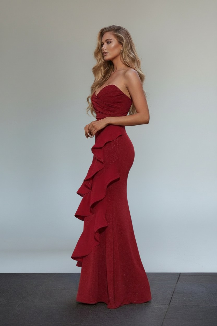 Red Carpet Rapture Glitter Maxi Gown - Wine