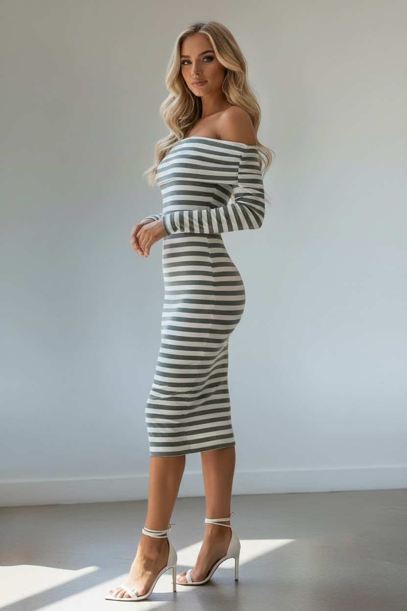 Sailor Chic Off Shoulder Striped Midi Dress - Green/Combo