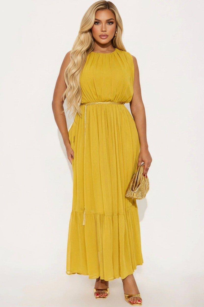 Citrine Charm Chiffon Flowy Maxi Dress - Mustard