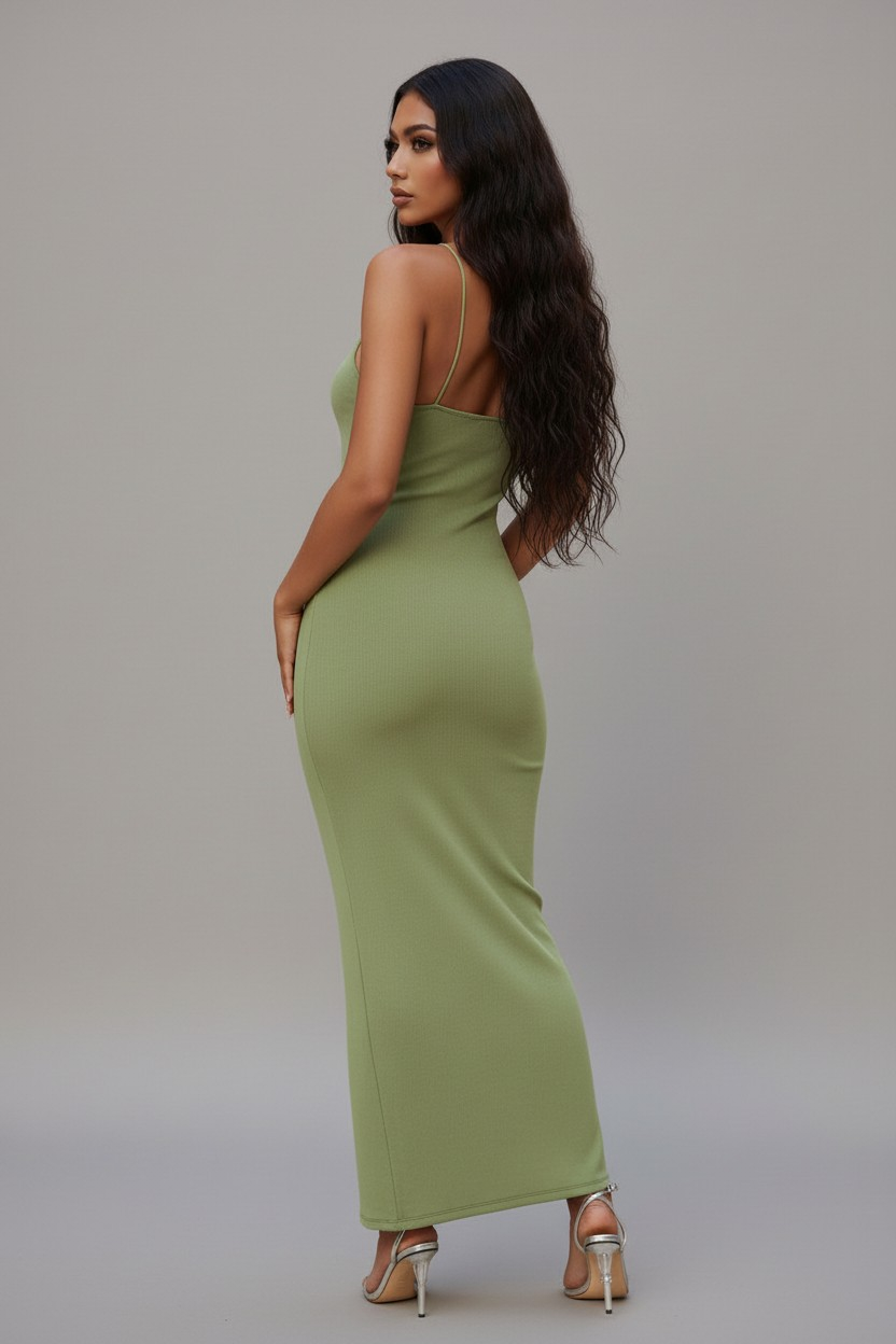 Chic Intentions High Slit Ribbed Maxi Dress - Olive