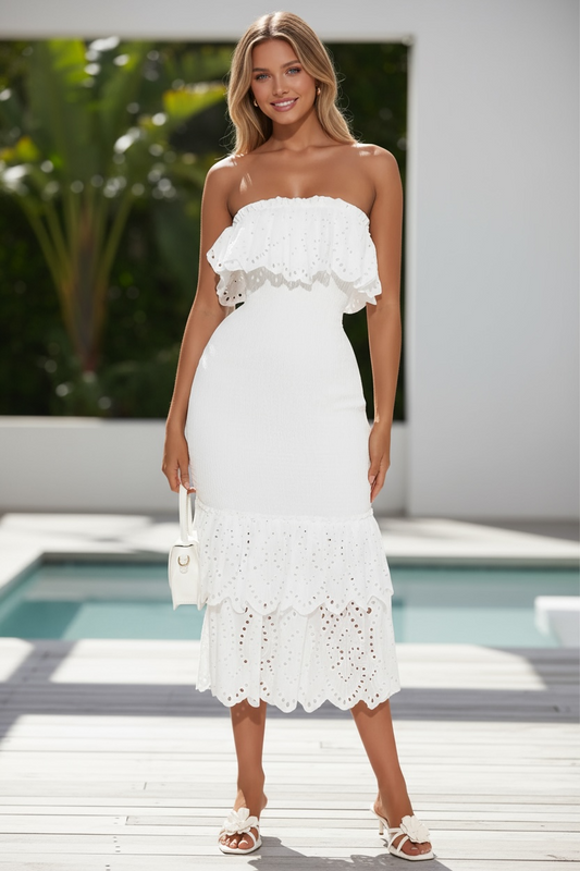 Sweet But Scalloped Strapless Midi Dress - White
