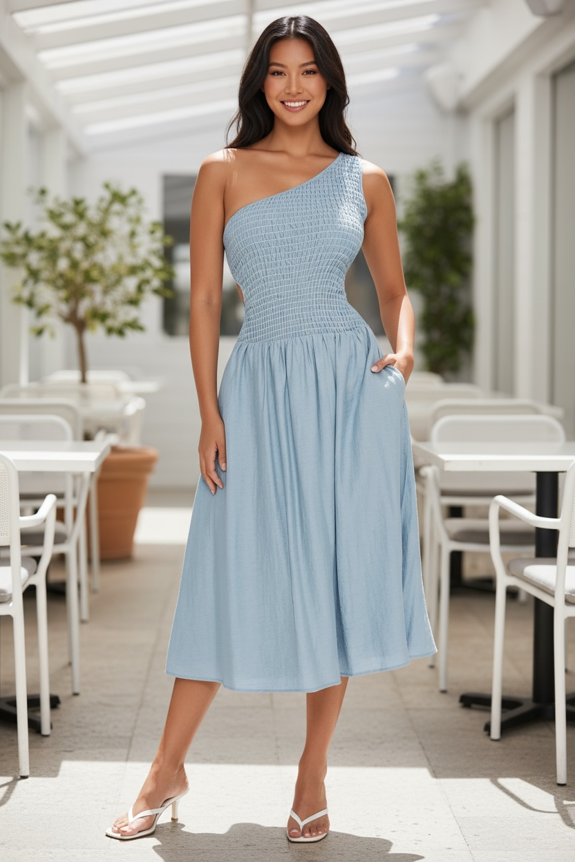 Serene Chic One-Shoulder Smocked Midi Dress - Blue