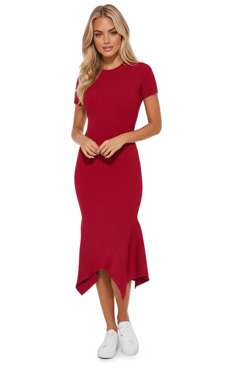 Glow Getter Ribbed Knit Flare Hem Midi Dress - Red