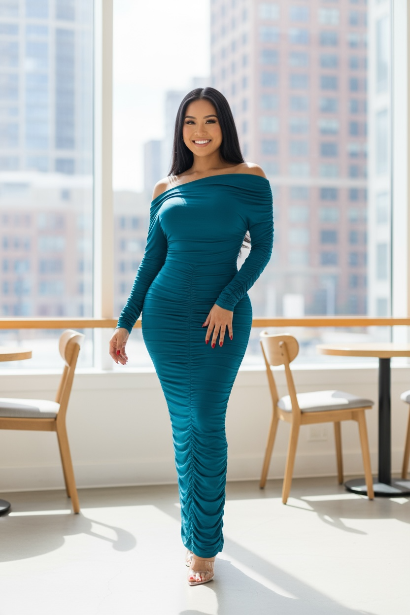 Curve Magnet Ruched Maxi Dress - Teal