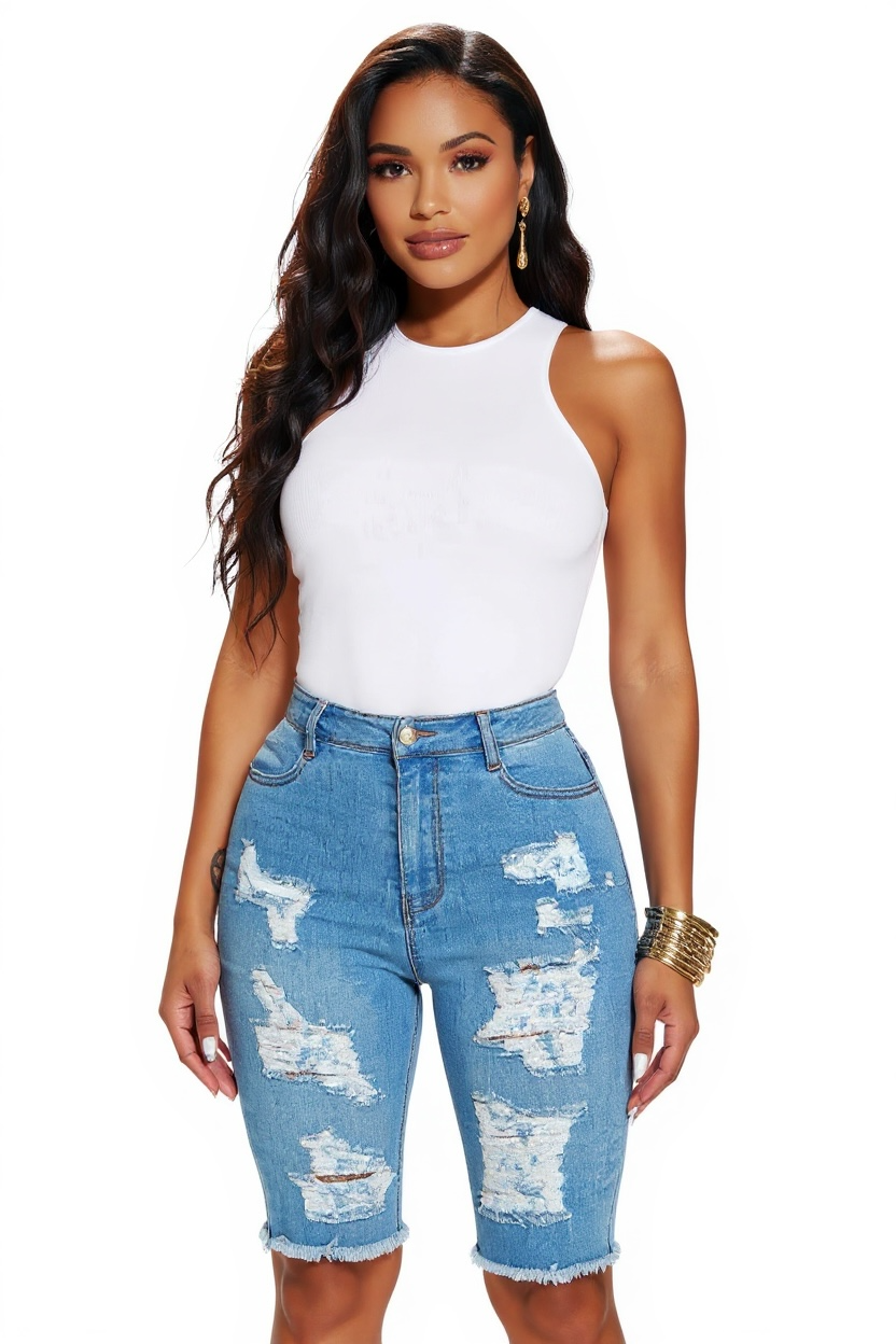 Shred It & Slay Denim Bermuda Shorts - Light Wash