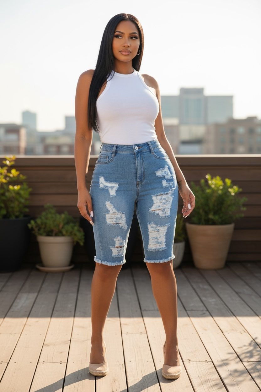 Shred It & Slay Denim Bermuda Shorts - Light Wash