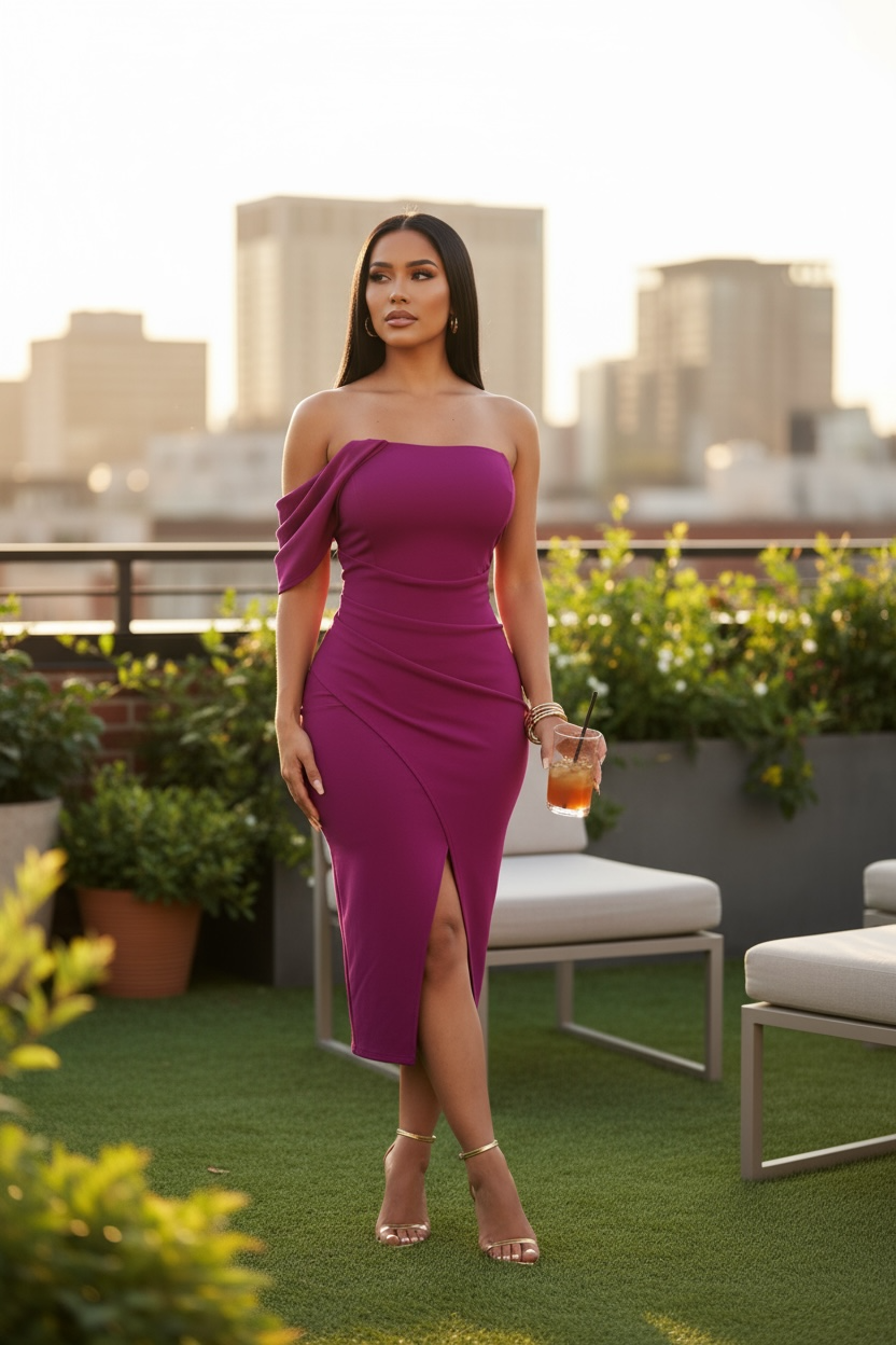 Draped & Dangerous One-Shoulder Midi Dress - Magenta