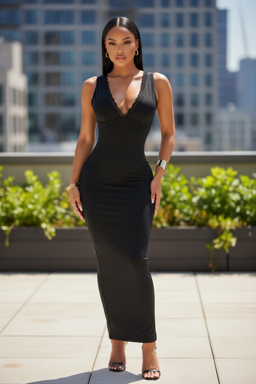 The After-Hours Affair Lace Trim Midi Dress - Black