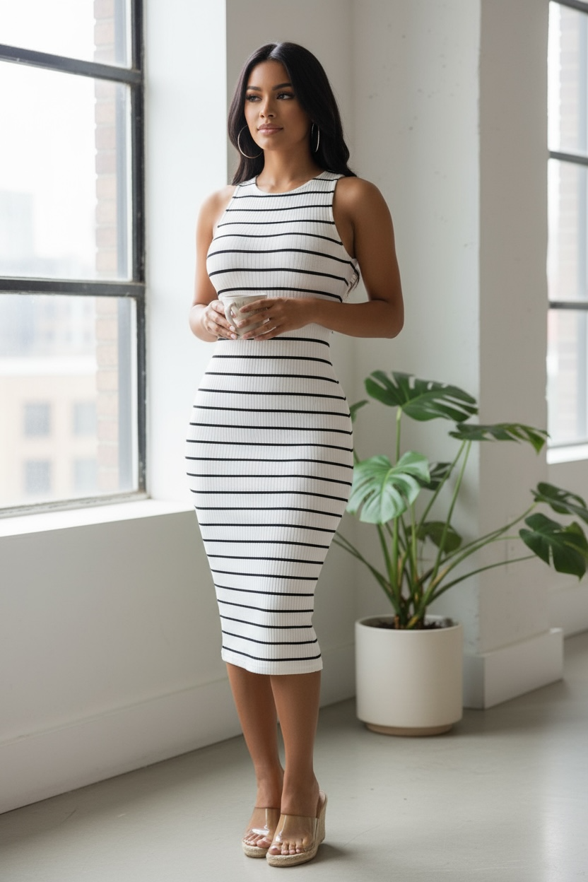 Keeping It Classy Stripe Midi Dress - White/Black