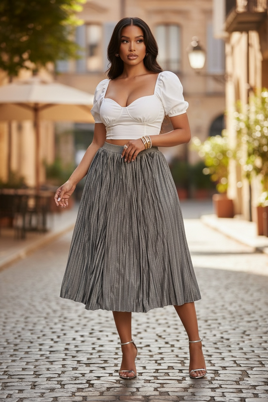 Lunar Luxe Metallic Pleated Midi Skirt - Gray