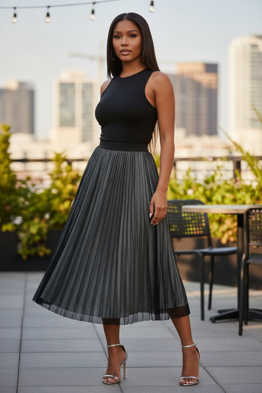 She's Got Sparkle Pleated Midi Skirt - Black/Silver