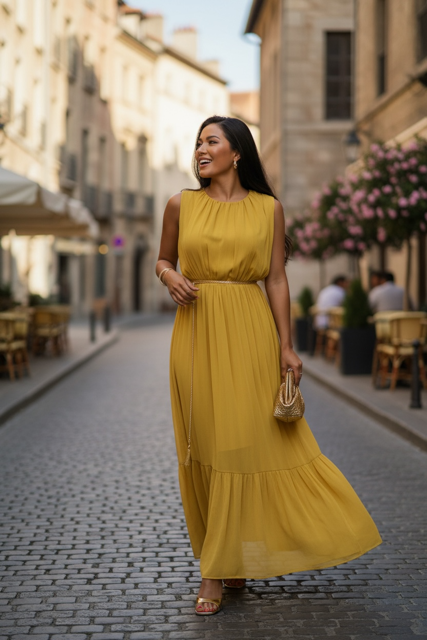 Citrine Charm Chiffon Flowy Maxi Dress - Mustard
