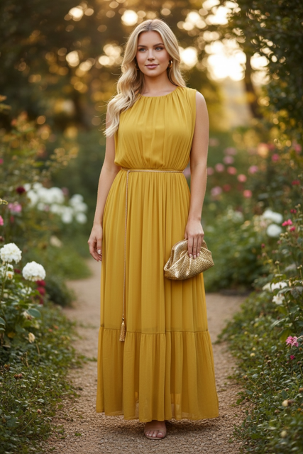 Citrine Charm Chiffon Flowy Maxi Dress - Mustard