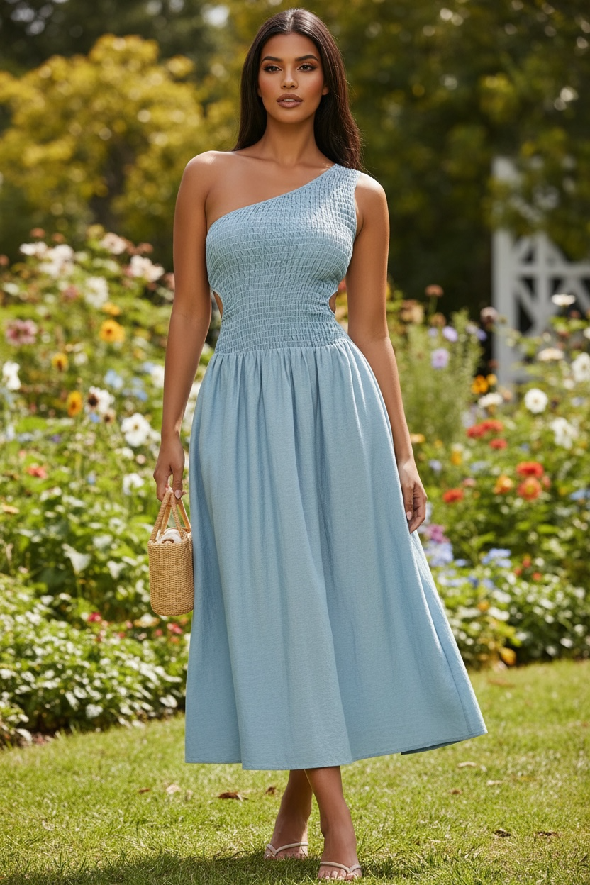 Serene Chic One-Shoulder Smocked Midi Dress - Blue