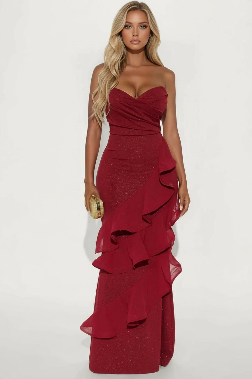 Red Carpet Rapture Glitter Maxi Gown - Wine