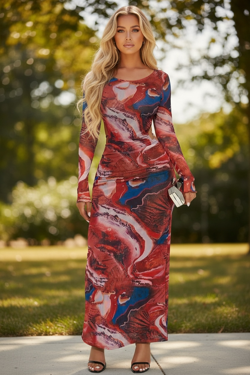 Crimson Chaos Backless Mesh Maxi Dress - Red/Combo