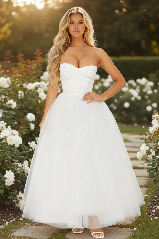 Heaven Sent Corset Tulle Midi Dress - White